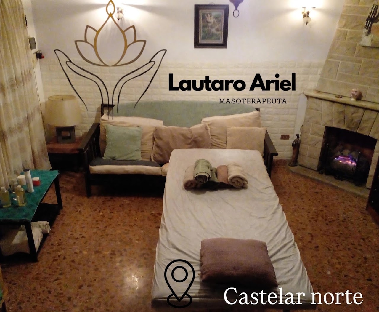Camilla de spa ambientada con toallas suaves, aceites aromáticos y luz cálida de velas en Castelar